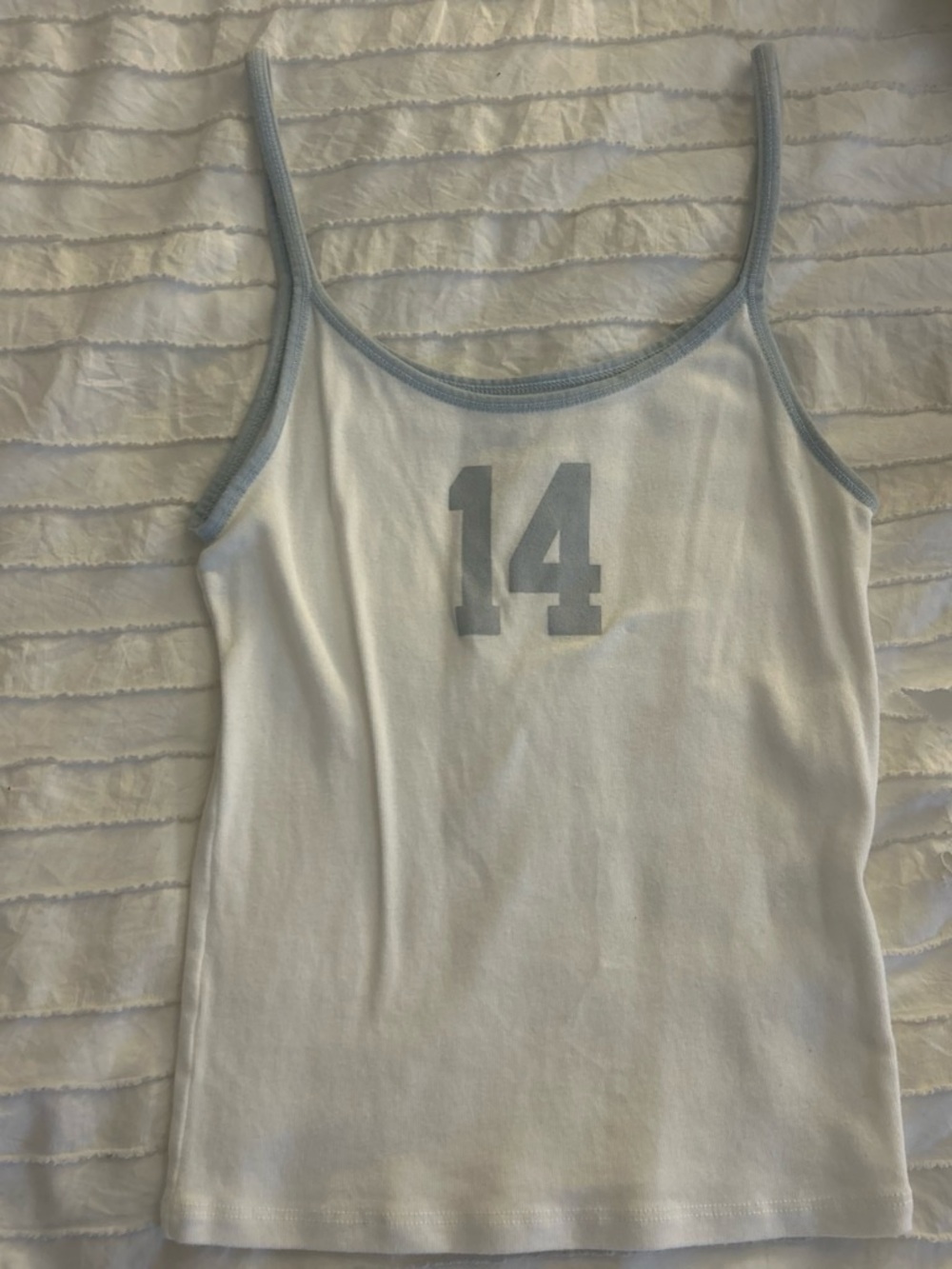 Women's White Tank Cami with Light Blue Trim and Number 14